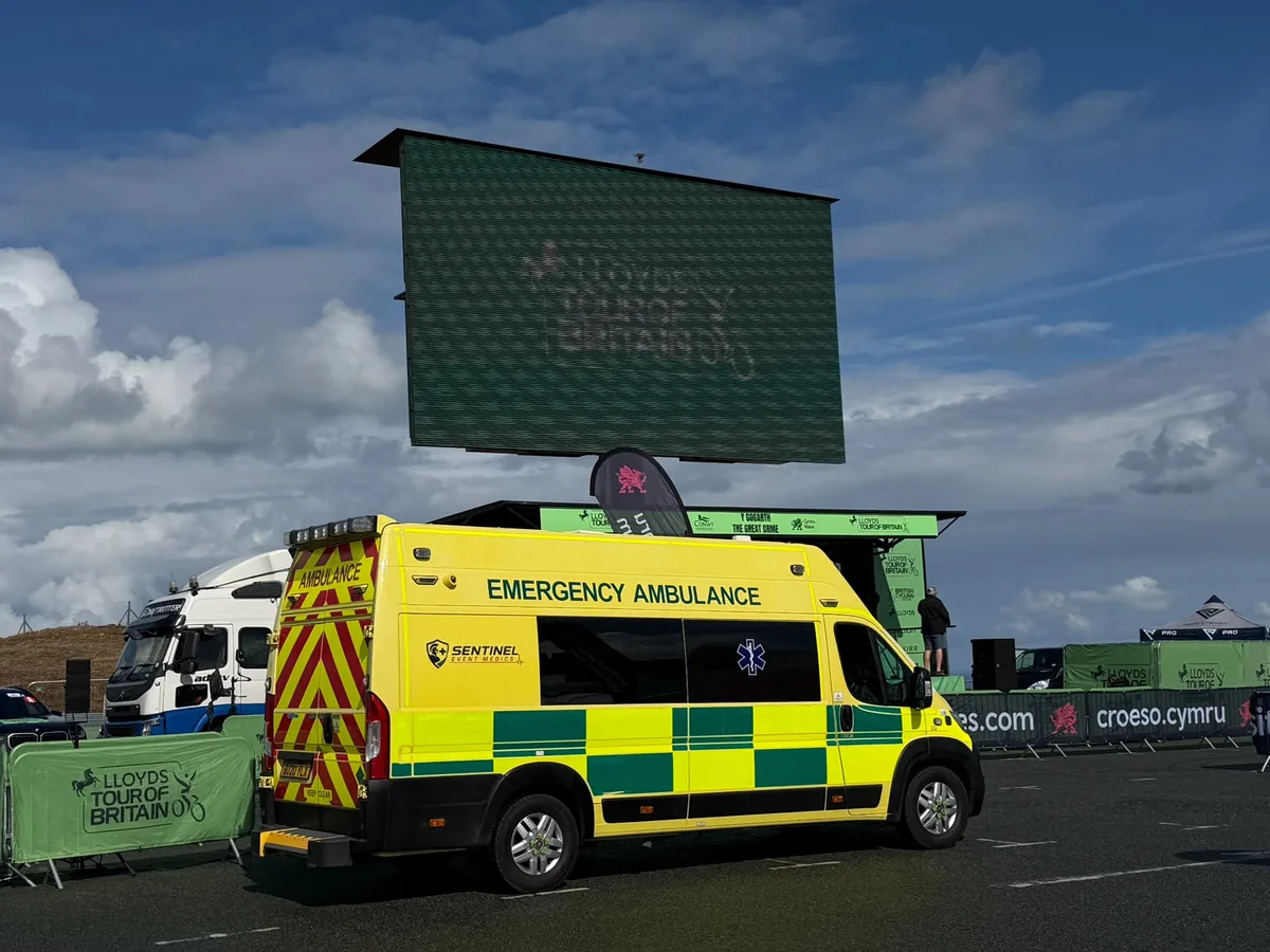 Sentinel Event Medics emergency ambulance on site at the Lloyds Tour of Britain stage finish on the Great Orme, Llandudno